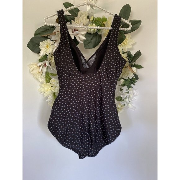Snozu Vtg Black Polka Dot Stretch Nylon Slimming Ruched One Piece Swimsuit Sz 10 - Picture 10 of 12